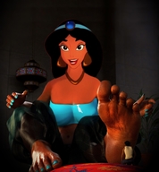drawing gentle collage black_hair color long_hair clothed barefoot cleavage domination foot_worship sitting kneeling navel shrunken_man pedicure jasmine disney manicure digital_render dofus59 bare_midriff