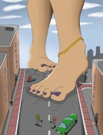 drawing giantess feet city color barefoot buildings foot_crush vehicles nail_polish ankle_bracelet running_away tengu86