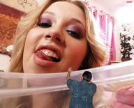 collage blonde long_hair tongue clothed mouth teeth domination shrunken_man daisy_may trapped_inside up_close iggy62 looking_down_at_victim tupperware