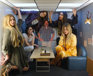 growth gentle collage blonde black_hair long_hair clothed high_heels glasses jeans brunette smiling dress mini_giantess sitting kneeling women standing looking_at_viewer iggy62