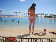 bikini gentle collage long_hair butt beach ocean brunette mini_giantess women standing size_comparison lagoon lowerrider