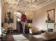 gentle collage long_hair clothed brunette mini_giantess boots pants ladder stairs living_room sweater looking_at_viewer zed782 handyman