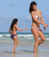 bikini gentle collage black_hair long_hair beach barefoot cleavage ocean wet mini_giantess standing size_comparison sevastopol1