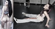 collage monochrome long_hair butt brunette domination sitting anal_insertion shrunken_woman standing shirt looking_back ariana_grande sweatpants