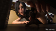 gentle black_hair high_heels stockings dress lying_down reaching shrunken_man hiding lace digital_render evel-inc
