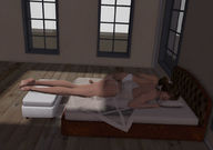 gentle panties long_hair butt barefoot bed brunette lying_down amazon bedroom blanket asleep digital_render jacbj ottoman
