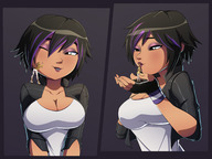 breasts drawing gentle giantess blonde comic black_hair color butt cleavage gloves asian kissing shrunken_woman jacket disney on_shoulder no_background gogo_tomago big_hero_6 ravenravenraven honey_lemon hair_streak