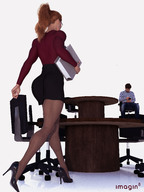 gentle long_hair butt clothed skirt high_heels glasses stockings red_hair ponytail sitting walking shrunken_man desk shirt digital_render imagin8