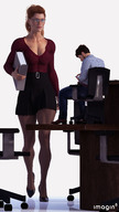 gentle long_hair clothed cleavage skirt high_heels glasses stockings red_hair ponytail sitting walking shrunken_man desk shirt digital_render imagin8