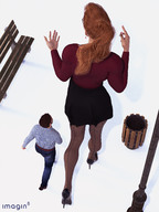 gentle long_hair clothed skirt high_heels glasses stockings red_hair ponytail walking shrunken_man manicure shirt point_of_view bench sidewalk no_background digital_render imagin8