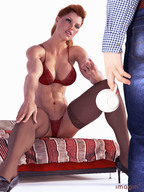 gentle panties long_hair cleavage bra high_heels bed stockings red_hair ponytail kissing muscles shrunken_man looking_down no_background digital_render imagin8