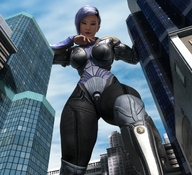 giantess city clothed buildings asian looking_down standing boomgts digital_render space_suit
