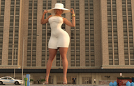 gentle giantess city blonde long_hair clothed high_heels buildings street standing onlookers hat mini_skirt police_car boomgts digital_render dumpters