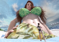 bikini long_hair butt barefoot cleavage brunette red_hair navel shrunken_woman looking_down point_of_view hand_on_hips boomgts digital_render