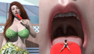 bikini vore large_breasts long_hair tongue butt mouth teeth licking barefoot cleavage brunette lips red_hair lying_down navel unaware shrunken_woman popsicle boomgts sarong digital_render up_close