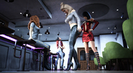 blonde black_hair long_hair clothed high_heels jeans domination red_hair mini_giantess boots sitting looking_down women standing size_comparison bar mini_skirt digital_render fater