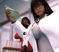 black_hair long_hair clothed handheld glasses brunette multiple_sizes shrunken_people women smock liquid boomgts test_tubes beaker digital_render