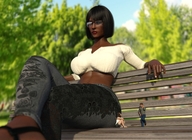 gentle black_hair long_hair clothed glasses brunette couple sitting sandals shorts top bench boomgts digital_render crop_top stretch_pants