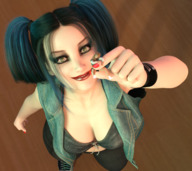 blonde long_hair clothed handheld cleavage domination shrunken_woman ponytails between_fingers manicure dyed_hair gothic boomgts digital_render