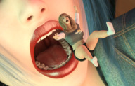 vore blonde long_hair teeth lips shorts shrunken_woman open_mouth falling halter_top boomgts digital_render afraid bare_midriff