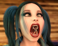 vore blonde long_hair clothed domination shrunken_woman open_mouth ponytails dyed_hair gothic boomgts digital_render