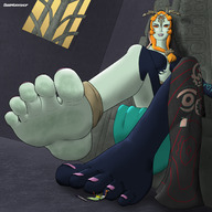 drawing color long_hair toes barefoot soles red_hair midna sitting nintendo shrunken_man looking_down pinned under_foot the_legend_of_zelda sizeworkshop twili_midna the_legend_of_zelda_twilight_princess link_(the_legend_of_zelda)