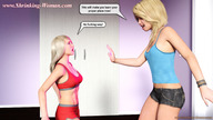 blonde long_hair domination navel muscles amazon shorts size_comparison ilayhu top dialogue daisy_dukes digital_render bare_midriff