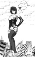 breasts drawing nipples giantess crush blushing city mega monochrome destruction buildings stockings topless domination gloves short_hair bottomless giantess_night english corset