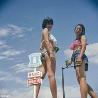 bikini giantess collage mega black_hair long_hair clothed asian shorts looking_down sunglasses giantesses women standing kyojingirls