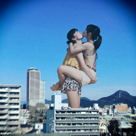 giantess collage city mega black_hair long_hair skirt buildings asian ponytail shorts giantesses women hugging kyojingirls