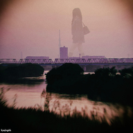 giantess collage black_hair long_hair bridge clothed skirt asian river purse jacket sunset blurry kyojingirls