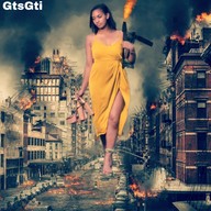 giantess collage city black_hair toes barefoot rampage dress fire walking rubble looking_down smoke thighs ankles gtsgti