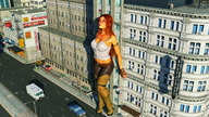 giantess city long_hair clothed cleavage high_heels buildings gloves street red_hair boots navel standing vehicles top leather_pants digital_render bare_midriff mundogts