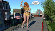 bikini giantess city barefoot story red_hair lipstick ankle_bracelet bracelet leopard_print digital_render