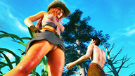giantess panties upskirt long_hair clothed skirt sweat gloves red_hair ponytail looking_down standing size_comparison top hands_on_hips cowboy_hat digital_render bare_midriff mundogts