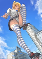 drawing giantess crush panties city upskirt blonde color destruction blue_eyes shoes blood stockings smiling camel_toe twintails foot_crush striped_stockings uru