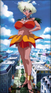 breasts drawing giantess collage city mega blonde color large_breasts anime necklace jungle_de_ikou loincloth mii_(jungle_de_ikou)