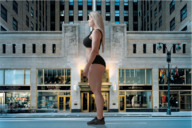 giantess collage city blonde long_hair clothed shoes street muscles short_shorts standing sports_bra