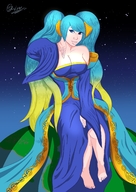 drawing giantess earth giga space color large_breasts long_hair planet barefoot cleavage blue_hair smiling sitting twintails league_of_legends sona chrlorez