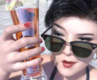 bikini black_hair short_hair glass shrunken_woman sunglasses looking_up boomgts digital_render in_drink