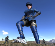 giantess large_breasts clothed angry tank red_hair uniform looking_down outdoors hat hands_on_hips boomgts digital_render