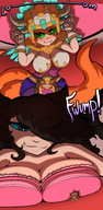 breasts drawing comic black_hair color blue_eyes cleavage bra green_eyes breast_crush shrunken_woman cat_girl lulu june smothering mspaintgts