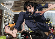 breasts drawing growth giantess mega black_hair color clothed barefoot socks police foot_crush uniform trapped boot pedicure guns dialogue shooting outgrowing_room maskray police_officer