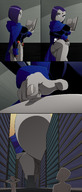 breasts drawing giantess city comic color large_breasts butt finger purple_hair raven teen_titans poke unaware shrunken_city cape belt leotard book reading hood impending_doom dc_comics anon grey_skin ravenravenraven
