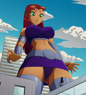 breasts drawing giantess panties city mega upskirt alien black_hair color large_breasts long_hair skirt green_eyes teen_titans red_hair starfire looking_down outdoors top belt dc_comics orange_skin ravenravenraven blackfire