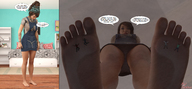 long_hair toes barefoot soles brunette foot_crush shrunken_woman shrunken_man looking_down pinned dialogue digital_render red-neptune