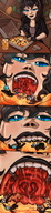 drawing jessie vore comic black_hair color tongue blue_eyes teeth saliva blood gore hard_vore shrunken_people eating food cruel lipstick pizza in_food chewing mspaintgts black_lips