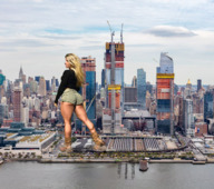 giantess city mega blonde long_hair butt destruction clothed buildings boots muscles standing new_york_city harbor daisy_dukes carrie_june