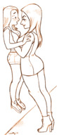 drawing monochrome long_hair clothed handheld cleavage amazon shorts lesbians sketch lifting top mini_skirt spittyart