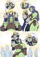 drawing blushing blonde comic color large_breasts long_hair blue_hair short_hair mini_giantess muscles walking japanese holding outdoors orc panels pointed_ears orc_girl ajya